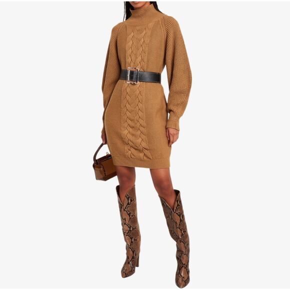 Caroline Constas Cable Knit Wool Sweater Dress Camel Tan Mock Neck Medium Cozy - Picture 13 of 13